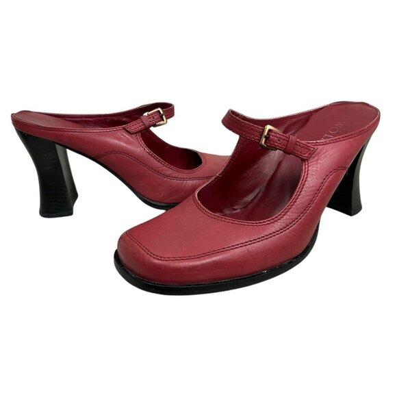 Vtg Y2K Two Lips Mary Jane Mules Sz 10 Red Leather Square Toe Chunky Heel 90s - Picture 1 of 9